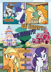 Size: 1920x2715 | Tagged: safe, artist:alexdti, derpibooru import, applejack, hondo flanks, pear butter, rarity, earth pony, pony, unicorn, comic:how we met (italian), g4, carousel boutique, female, filly, filly applejack, filly rarity, foal, horn, italian, sweet apple acres barn, younger