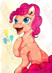 Size: 1240x1754 | Tagged: safe, artist:lisek005, derpibooru import, pinkie pie, earth pony, pony, g4, obtrusive watermark, open mouth, solo, traditional art, watermark