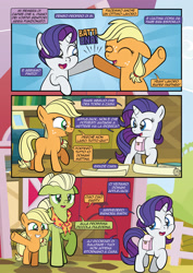 Size: 1920x2715 | Tagged: safe, artist:alexdti, derpibooru import, applejack, granny smith, rarity, earth pony, pony, unicorn, comic:how we met (italian), g4, bag, blank flank, ears, eyes closed, female, filly, filly applejack, filly rarity, floppy ears, foal, hoofbump, horn, italian, open mouth, saddle bag, speech bubble, sweet apple acres, trio, wrong eye color, young granny smith, younger