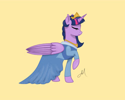 Size: 5000x4000 | Tagged: safe, artist:yinmai, derpibooru import, twilight sparkle, twilight sparkle (alicorn), alicorn, pony, g4, clothes, dress, eyes closed, profile, raised hoof, raised leg, simple background, solo, yellow background