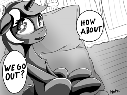 Size: 4000x3000 | Tagged: safe, artist:nota, derpibooru import, lyra heartstrings, pony, unicorn, g4, drawthread, female, grayscale, horn, indoors, japanese reading order, looking at you, manga style, mare, monochrome, ponified, ponified manga, requested art, signature, sitting, solo, species swap, speech bubble, talking to viewer