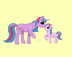 Size: 5000x4000 | Tagged: safe, artist:yinmai, derpibooru import, buttons (g1), pony, unicorn, g1, g4, baby buttons, duo, female, filly, foal, g1 to g4, generation leap, horn, mare, nuzzling, one eye closed, open mouth, open smile, raised hoof, raised leg, simple background, smiling, tail, yellow background