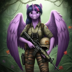 Size: 1024x1024 | Tagged: safe, ai content, derpibooru import, machine learning generated, twilight sparkle, twilight sparkle (alicorn), alicorn, anthro, series:g.i. pony: a real equestrian hero, g4, assault rifle, binoculars, clothes, cosplay, costume, duke, fatigues, female, forest, g.i. joe, generator:google imagen 3.0, gun, helmet, jungle, military uniform, nature, outdoors, prompter:zerowinger, rifle, solo, tiger force, tree, uniform, weapon, wings