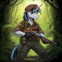 Size: 1024x1024 | Tagged: safe, ai content, derpibooru import, machine learning generated, shining armor, anthro, unicorn, series:g.i. pony: a real equestrian hero, g4, beret, clothes, cosplay, costume, fatigues, flint, forest, g.i. joe, generator:google imagen 3.0, gloves, gun, hat, horn, jungle, male, military uniform, nature, outdoors, prompter:zerowinger, shotgun, solo, tiger force, tree, uniform, weapon