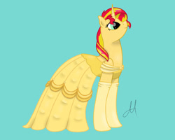 Size: 1280x1024 | Tagged: safe, artist:yinmai, derpibooru import, sunset shimmer, pony, unicorn, g4, beauty and the beast, belle, clothes, cute, dress, evening gloves, female, gloves, gown, horn, long gloves, mare, smiling, solo