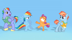 Size: 1280x718 | Tagged: artist needed, safe, anonymous artist, artist:deadparrot22, artist:starryshineviolet, artist:thunderelemental, derpibooru import, bow hothoof, rainbow dash, scootaloo, windy whistles, pegasus, pony, ^^, adopted, adopted daughter, adopted offspring, best ponies, blue background, bluey, bowabetes, clothes, cute, cutealoo, dancing, dashabetes, eyes closed, family, father and child, father and daughter, female, filly, foal, freckles, gradient background, grin, headcanon, headcanon in the description, heartwarming, jacket, male, mare, mother and child, mother and daughter, open mouth, open smile, parent and child, parent:bow hothoof, parent:windy whistles, parents:windyhoof, reference, reference in the description, reference to another series, scootadoption, scootalove, shipping, siblings, simple background, sisters, smiling, song in the description, spin-off, spread wings, stallion, straight, sweet dreams fuel, windybetes, windyhoof, wings