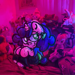 Size: 3840x3840 | Tagged: safe, artist:endercatcore, derpibooru import, oc, oc only, oc:artshine aura, original species, pony, unicorn, glasses, horn, nonbinary oc, plush pony, plushie, real life background, solo, unicorn oc