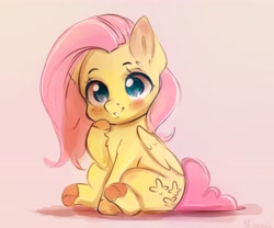 Size: 3564x2972 | Tagged: safe, artist:miokomata, derpibooru import, fluttershy, pegasus, pony, g4, blushing, chest fluff, chibi, colored hooves, cute, daaaaaaaaaaaw, female, gradient background, hoof on chin, hooves, mare, shyabetes, sitting, smiling, solo