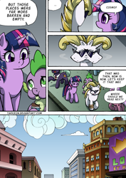 Size: 1204x1700 | Tagged: safe, artist:tarkron, derpibooru import, spike, twilight sparkle, twilight sparkle (alicorn), oc, oc:cosmo cool, alicorn, dragon, pony, comic:the royal sandal, g4, outdoors, speech bubble, sunglasses