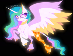 Size: 1987x1541 | Tagged: safe, artist:coolzaart, derpibooru import, princess celestia, alicorn, pony, black background, cloven hooves, colored wings, colored wingtips, female, leonine tail, mare, redesign, signature, simple background, solo, tail, unshorn fetlocks, wings