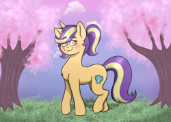 Size: 1500x1068 | Tagged: safe, artist:dj axel, derpibooru import, oc, oc only, oc:fuji apple, pony, unicorn, cherry blossoms, commission, commissioner:prixy05, female, flower, flower blossom, horn, magical lesbian spawn, mare, offspring, outdoors, parent:applejack, parent:starlight glimmer, parents:glimmerjack, solo, ych result