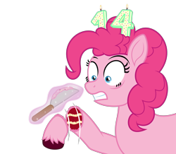 Size: 5200x4540 | Tagged: safe, alternate version, artist:moonlight bloom, derpibooru exclusive, derpibooru import, pinkie pie, earth pony, food pony, original species, pony, g4, absurd resolution, cake, candle, everything is cake, eyebrows, female, fire, food, frosting, gritted teeth, hooves, implied trixie, knife, levitation, looking at something, magic, magic aura, mare, mlp fim's fourteenth anniversary, offscreen character, ponified, red velvet cake, severed hoof, shocked, simple background, solo, species swap, teeth, telekinesis, textless, textless version, transparent background, unshorn fetlocks, vector, wide eyes