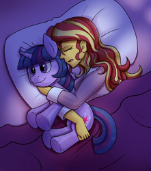 Size: 1500x1700 | Tagged: safe, artist:zachc, derpibooru import, sunset shimmer, twilight sparkle, unicorn twilight, human, pony, unicorn, equestria girls, g4, bed, female, indoors, lesbian, open mouth, plushie, shipping, sleeping, solo, sunsetsparkle