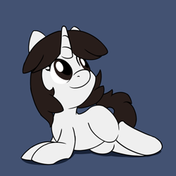 Size: 900x900 | Tagged: safe, artist:unitxxvii, derpibooru import, oc, oc only, oc:talim, pony, unicorn, blue background, female, horn, looking up, lying down, mare, prone, simple background, smiling, solo, sploot