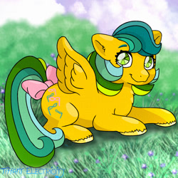 Size: 1280x1280 | Tagged: safe, artist:tiffanyelectricity, derpibooru import, masquerade (g1), pegasus, pony, twinkle eyed pony, g1, bow, female, grass, looking at you, mare, outdoors, signature, smiling, solo, spread wings, tail, tail bow, unshorn fetlocks, wings