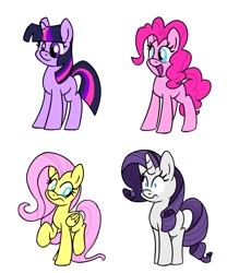 Size: 1000x1200 | Tagged: safe, artist:unitxxvii, derpibooru import, fluttershy, pinkie pie, rarity, twilight sparkle, unicorn twilight, earth pony, pegasus, pony, unicorn, g4, female, frown, horn, mare, missing cutie mark, open mouth, open smile, pinpoint eyes, simple background, smiling, white background