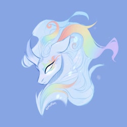 Size: 3500x3500 | Tagged: safe, artist:nettlemoth, derpibooru import, oc, oc only, oc:cloudy canvas, kirin, blank eyes, blue background, bust, glowing, glowing eyes, high res, kirin oc, multicolored hair, profile, rainbow fire, rainbow hair, signature, simple background, solo