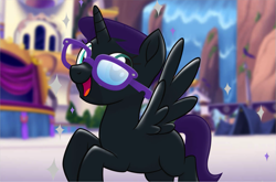 Size: 1001x661 | Tagged: safe, derpibooru import, oc, oc only, oc:nyx, alicorn, pony, g4, my little pony: the movie, adolescent, alicorn oc, blank flank, cropped, female, female oc, filly, flying, foal, glasses, horn, mare, mare oc, mlp movie pony maker, older, older nyx, open mouth, outdoors, smiling, solo, solo female, sparkles, spread wings, teenager, wings