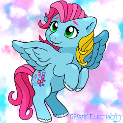 Size: 1280x1280 | Tagged: safe, artist:tiffanyelectricity, derpibooru import, thistle whistle, pegasus, pony, g3, female, mare, rearing, signature, solo, spread wings, tail, unshorn fetlocks, wings