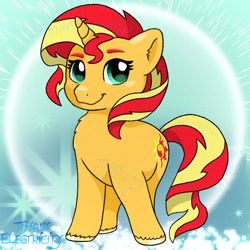 Size: 1280x1280 | Tagged: safe, artist:tiffanyelectricity, derpibooru import, sunset shimmer, pony, unicorn, g4, female, horn, mare, pony sunset, signature, smiling, tail, unshorn fetlocks