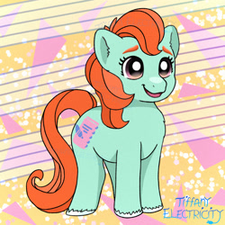 Size: 1280x1280 | Tagged: safe, artist:tiffanyelectricity, derpibooru import, bright eyes, earth pony, pony, g1, my little pony tales, female, filly, foal, open mouth, open smile, signature, smiling, solo, tail, unshorn fetlocks