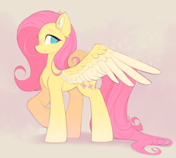 Size: 1850x1665 | Tagged: safe, artist:lerk, derpibooru import, fluttershy, pegasus, pony, g4, ear fluff, ears, full body, smiling, spread wings, standing, wings