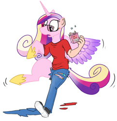 Size: 1450x1496 | Tagged: safe, artist:vanillayote, derpibooru import, princess cadance, alicorn, human, pony, g4, candy, clothes, confused, eating, falling, food, glasses, human to pony, simple background, solo, species swap, transformation, white background