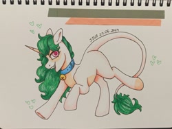 Size: 1280x961 | Tagged: safe, artist:jjsh, derpibooru import, oc, oc only, oc:sugarstar, pony, unicorn, bell, bell collar, collar, cute, fangs, heart, hooves, horn, leonine tail, looking at you, marker drawing, open mouth, running, sketchbook, smiling, smiling at you, solo, tail, teeth, traditional art