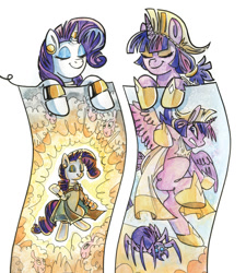 Size: 1988x2210 | Tagged: safe, artist:natalie haines, derpibooru import, idw, rarity, twilight sparkle, twilight sparkle (alicorn), alicorn, pony, sheep, spider, unicorn, g4, spoiler:comic, arachne, athena, clothes, cropped, ear piercing, earring, eyes closed, female, goddess, greek, greek clothes, greek mythology, helmet, hoof shoes, horn, horn ring, jewelry, mare, my little pony classics reimagined: the odyssey, piercing, rarirachnid, ring, smiling, spread wings, wings