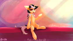 Size: 3840x2160 | Tagged: safe, artist:行豹cheetahspeed, derpibooru import, oc, oc only, oc:autumn trace, pony, unicorn, series:paint a picture about life, belly, belly button, black and white mane, chest fluff, ear fluff, ears, female, fluffy, frog (hoof), hoofbutt, horn, light, looking at you, mare, open mouth, orange eyes, raised hoof, raised leg, sitting, solo, tail, two toned mane, two toned tail, underhoof, yellow skin