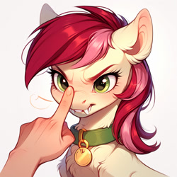 Size: 1024x1024 | Tagged: safe, ai content, derpibooru import, generator:pony diffusion v6 xl, generator:stable diffusion, machine learning generated, roseluck, earth pony, human, pony, g4, angry, behaving like a cat, boop, collar, fangs, fluffy, hand, offscreen character, offscreen human, pet tag, pony pet, prompter:doom9454, rosepet