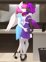 Size: 2862x3888 | Tagged: safe, artist:elektra-gertly, derpibooru import, oc, oc only, oc:ellie berryheart, oc:xandra, anthro, changeling, pegasus, apron, black eyeshadow, bucket, cleaning, clothes, drool, duo, erotica, eyeshadow, female, french kiss, green eyes, high heels, housewife, indoors, kissing, lesbian, licking, lipstick, love, makeup, mirror, pressed against screen, purple changeling, purple eyes, rag, shoes, sink, sloppy kissing, stockings, table, thigh highs, toilet, tongue, tongue out, white wings, wings