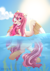 Size: 2480x3508 | Tagged: safe, alternate version, artist:jjsh, derpibooru import, oc, oc only, pegasus, pony, beautiful, blurry background, cloud, cute, cute face, ear piercing, female, fluffy mane, happy, high res, looking at you, mare, ocean, open mouth, outdoors, partially submerged, piercing, seaweed, sky, smiling, smiling at you, solo, spread wings, summer, sun, swimming, tail, teeth, underwater, water, wing fluff, wings