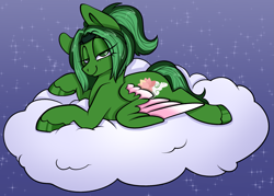 Size: 1569x1126 | Tagged: safe, artist:xx_girlscout_cookie_xx, derpibooru import, oc, oc only, oc:tranquil zen, pegasus, bedroom eyes, cloud, colored wings, commission, commissioner:rockatdusk, lying down, mare oc, multicolored wings, pegasus oc, wings