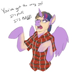 Size: 2000x2000 | Tagged: safe, artist:a curious fox, derpibooru import, twilight sparkle, twilight sparkle (alicorn), alicorn, pony, annoyed, bust, clothes, dialogue, glasses, human to pony, looking up, mid-transformation, plaid, plaid shirt, shirt, simple background, solo, species swap, transformation, white background