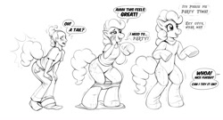 Size: 2400x1292 | Tagged: safe, artist:redflare500, derpibooru import, pinkie pie, anthro, earth pony, human, unguligrade anthro, arm hooves, grayscale, happy, human to anthro, living clothes, living suit, monochrome, offscreen character, ponysuit, species swap, speech bubble, transformation, transformation sequence