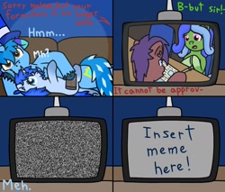 Size: 2160x1840 | Tagged: safe, artist:💎blue, derpibooru import, oc, oc only, oc:blue blanket, oc:blueshield, earth pony, unicorn, clinging, comic, dialogue, female, filly, foal, hat, horn, lying down, male, mare, meme template, paper, pencil, remote, sofa, stallion, static, television, top hat