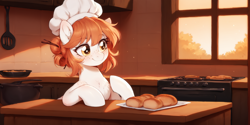 Size: 2400x1200 | Tagged: safe, ai content, derpibooru import, machine learning generated, oc, oc only, oc:victoria orlova, pony, bread, chef's hat, food, hat, indoors, prompter:greesys, solo