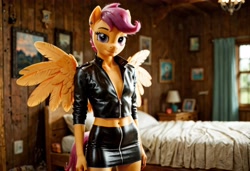 Size: 4864x3328 | Tagged: safe, ai content, derpibooru import, generator:stable diffusion, machine learning generated, scootaloo, anthro, pegasus, g4, bed, bedroom, bedroom eyes, belly, belly button, black nail polish, braless, breasts, clothes, ear piercing, female, indoors, jacket, leather, leather jacket, looking at you, nail polish, painting, piercing, posing for photo, prompter:pormak666, skirt, small breasts, solo, solo female, tail, wallpaper, window, wings