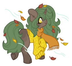 Size: 1138x1037 | Tagged: safe, artist:kazmuun, derpibooru import, oc, oc only, oc:sweater weather, pony, unicorn, autumn leaves, big ears, bipedal, blank flank, brown coat, chibi, clothes, coat markings, colored, colored lineart, colored pupils, commission, ear fluff, ears, eyelashes, facial markings, female, female oc, flat colors, golden eyes, green mane, green tail, heart, heart eyes, hoof heart, horn, leaves, long mane, long tail, looking back, mare, mare oc, profile, raised hoof, raised leg, scarf, signature, simple background, smiling, socks (coat marking), solo, sweater, tail, transparent background, underhoof, unicorn oc, white pupils, wind, wingding eyes