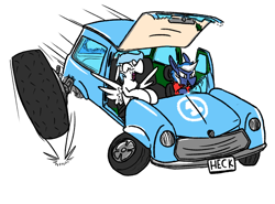 Size: 808x598 | Tagged: safe, artist:dinexistente, derpibooru import, oc, oc:file folder, oc:lazuli chalcepony, pegasus, pony, broken window, car, driving, grin, mini cooper, panic, panicking, scared, screaming, smiling, window