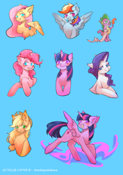 Size: 750x1061 | Tagged: safe, artist:zheishigeshahaoa, derpibooru import, applejack, fluttershy, pinkie pie, rainbow dash, rarity, spike, twilight sparkle, twilight sparkle (alicorn), alicorn, dragon, earth pony, pegasus, pony, unicorn, g4, female, horn, male, mane seven, mane six, wingless spike