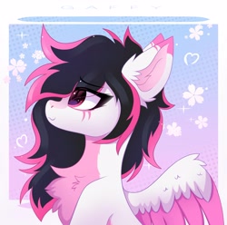 Size: 3200x3171 | Tagged: safe, artist:gaffy, derpibooru import, oc, oc only, oc:lunylin, pegasus, abstract background, chest fluff, ear fluff, ears, flower, passepartout, pegasus oc, smiling, solo, wings