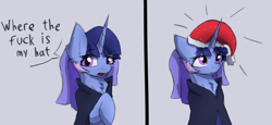 Size: 2120x974 | Tagged: safe, artist:naza, derpibooru import, oc, oc:flawless sparklemoon, pony, unicorn, christmas, cloak, clothes, female, fusion, fusion:trixie, fusion:twilight sparkle, fusion:twixie, hat, holiday, horn, magician outfit, my little pony the movie: the death of twilight sparkle, santa hat, simple background, solo, swearing, unicorn oc, vulgar