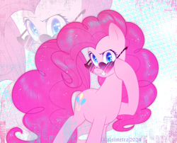 Size: 1398x1128 | Tagged: safe, artist:alsimetra, derpibooru import, pinkie pie, earth pony, pony, g4, abstract background, glasses, solo