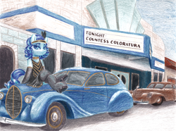 Size: 3576x2664 | Tagged: safe, artist:dandy, derpibooru import, coloratura, earth pony, pony, art pack:nuclear neighs and deco days, g4, 20s, 30s, art deco, art pack, car, choker, clothes, colored pencil drawing, crossed hooves, dress, eyeshadow, female, high res, makeup, mare, modern art, shoes, sitting, solo, stockings, text, theater, thigh highs, traditional art