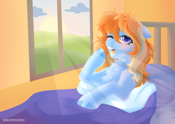 Size: 4093x2894 | Tagged: safe, artist:jjsh, derpibooru import, oc, oc only, oc:aurelia coe, earth pony, pony, bed, bedroom, blanket, cloud, female, field, high res, in bed, indoors, lineless, looking at you, lying down, mare, open mouth, pillow, sky, solo, sun, sunlight, sunrise, teeth, waking up, window, yawn