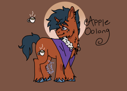 Size: 1908x1368 | Tagged: safe, artist:arsonrabbit, derpibooru import, oc, oc only, oc:apple oolong, pony, unicorn, g4, blue eyes, blue hair, blue hooves, blue mane, blue tail, brown coat, circle background, clothes, digital art, ear piercing, facial hair, freckles, goatee, hooves, horn, looking back, male, piercing, signature, solo, stallion, tail, unicorn oc, vest