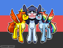 Size: 1280x960 | Tagged: safe, artist:cinamon_pomsky, derpibooru import, rainbow dash, soarin', spitfire, pegasus, pony, g4, blushing, chest fluff, colored wings, female, kissing, male, mare, multicolored wings, polyamory, polyamory pride flag, pride, pride flag, rainbow wings, ship:soarindashfire, shipping, soarin' gets all the mares, spread wings, stallion, straight, wingboner, wings