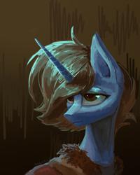 Size: 4000x5000 | Tagged: safe, artist:anastas, derpibooru import, oc, oc only, oc:langweilig freitag, pony, unicorn, bags under eyes, bust, clothes, gradient background, horn, lidded eyes, male, portrait, solo, spotlight, stallion, sternocleidomastoid, sweater, tired